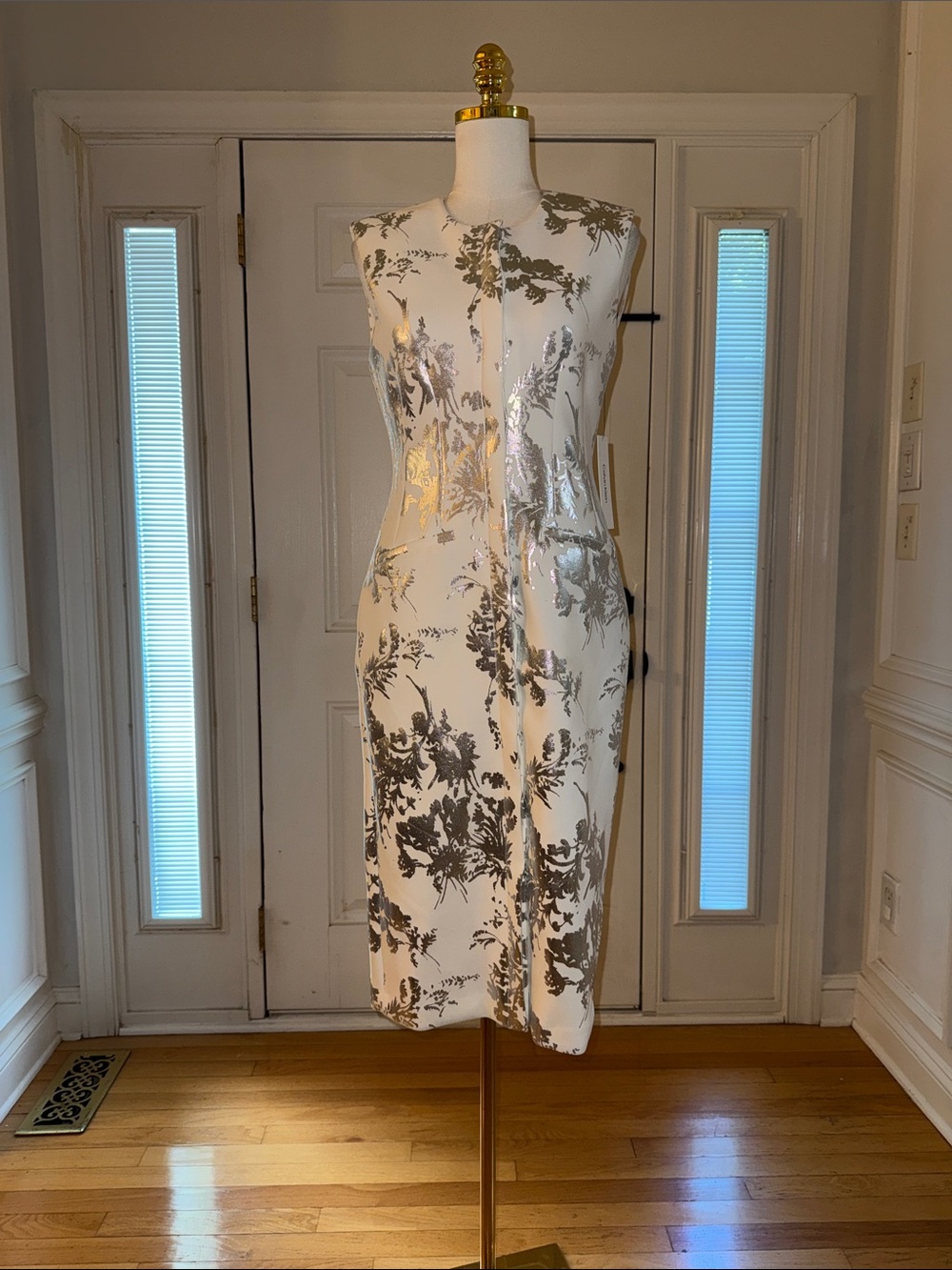 Calvin Klein White Midi Dress with Silver Floral Foil